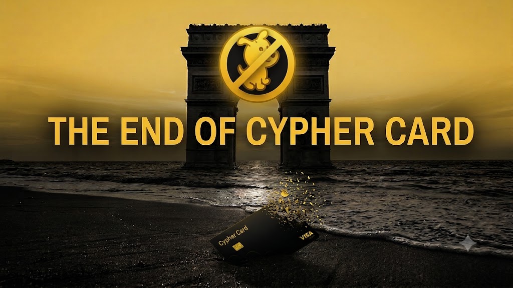 Graphic showing the end of Cypher Card with a broken card on a beach and large text saying The End of Cypher Card
