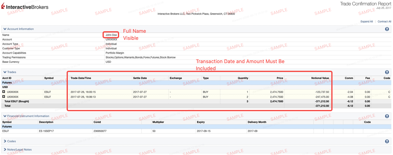 Sample brokerage trade confirmation highlighting the account holder name, transaction date, and amount