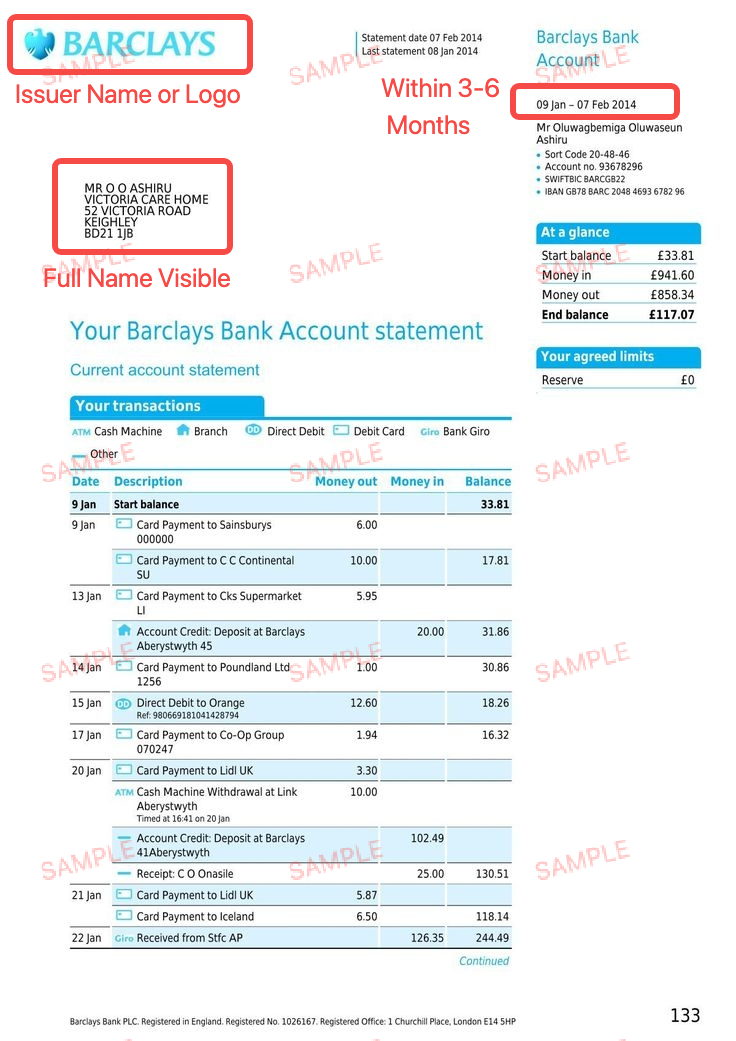 Sample bank statement highlighting the issuer, full name, and recent statement date required for EDD