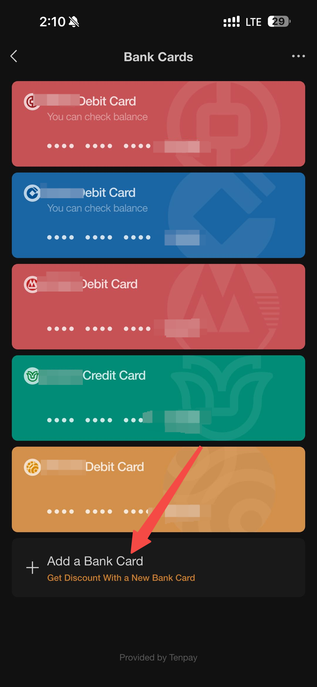 WeChat Bank Cards page showing the Add a Bank Card option